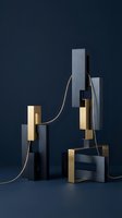 Modern architectural composition with stacked geometric blocks in brushed gray and gold metallic finishes connected by flowing golden wire against dark blue background for contemporary design projects.