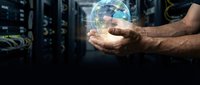 Technician holding glowing digital globe in server room, representing global network connectivity, data transfer, and cloud computing infrastructure for business technology solutions.