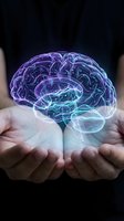 Glowing holographic brain floating above cupped hands with neon purple and blue neural network connections for neuroscience and artificial intelligence concepts.
