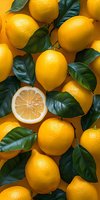 Fresh yellow lemons with green leaves arranged in pattern, one cut in half showing juicy flesh. Natural citrus fruit background for food and drink designs.