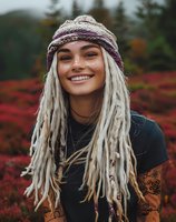 Young woman with blonde dreadlocks and knitted beanie smiling outdoors against autumn red foliage background, wearing black t-shirt and showing tattoos on arms.