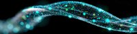 Glowing turquoise particles flow in curved wave pattern against black background creating luminous ethereal effect with bokeh and light trails.