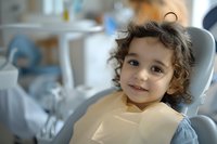 Smiling mixed-race child with curly hair sitting in dental chair during regular checkup, showing positive dental care experience in modern clinic setting.