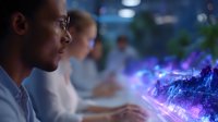 Young African American male professional in glasses looking at glowing holographic data visualization in modern office environment with colleagues in background.