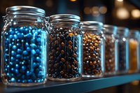 Glass mason jars filled with colorful round candies and chocolates arranged on blue shelf against dark background with bokeh lights, selective focus.