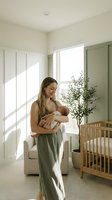 Young Caucasian mother holding newborn baby in bright nursery room with wooden crib and natural sunlight streaming through window for parenting content.
