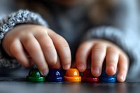 Small child's hands playing with colorful plastic bottle caps lined up in row on dark surface, showing fine motor skills development and color learning activity.