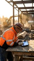 Construction worker using tablet computer at building site during golden hour sunset for project management and digital planning.
