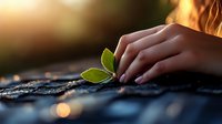 Young woman hand gently protecting small green plant seedling growing through cracked asphalt pavement in warm golden sunlight for environmental care concept.