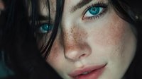 Young woman with striking blue eyes and natural freckles, dark hair framing face, close-up portrait with soft lighting for beauty and skincare concepts.