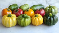 Fresh colorful heirloom tomatoes and small pumpkins arranged in rows on white marble background, showing variety of shapes and natural patterns in produce.