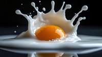 Raw egg yolk creating dramatic milk splash crown effect on reflective surface, captured in high-speed photography with dark background and mirror reflection.