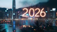 Glowing neon 2026 number with sparkler effect against blurred city nightscape background with bokeh lights creates festive New Year celebration atmosphere.
