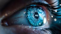 Macro shot of human eye with digital AGI reflection and blue technology concept, representing artificial intelligence and future vision in cybersecurity.