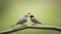 Two small songbirds perched on branch sharing romantic moment with red heart symbol between them on soft green blurred background for love and nature themes.