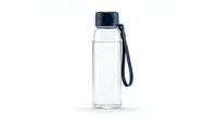 Clear glass water bottle with navy blue cap and carrying strap isolated on white background for healthy lifestyle and hydration concepts.