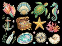 Underwater sea life collection with tropical shells, sea turtle, seahorse, starfish, coral, treasure chest, anchor, compass, and message bottle isolated on transparent background. Ready for t-shirt designs, clipart, stickers, sublimation, and print-on-demand projects.