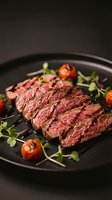 Grilled beef steak slices on dark plate with cherry tomatoes and microgreens for gourmet dining and culinary presentations.