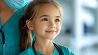 Young girl with bright smile wearing turquoise medical scrubs in healthcare setting, expressing happiness and confidence while standing next to medical professional.