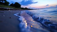 Serene beach at twilight with gentle waves reflecting golden sunset light on wet sand creating magical sparkles along the shoreline.