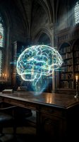Glowing neon brain hologram floating above wooden desk in gothic library with arched ceilings, bookshelves, and stained glass windows, representing artificial intelligence and knowledge.
