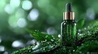 Green glass dropper bottle with water drops on natural bokeh background, cosmetic serum container on wet leaf surface in morning dew atmosphere.