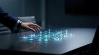 Businessman hand touching holographic network connections floating above modern desk in dark office environment for digital transformation concepts.