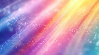 Magical rainbow colored background with sparkling bokeh lights and glowing rays in pink, blue, and yellow hues creating dreamy atmospheric effect.
