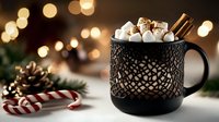 Hot chocolate with marshmallows and cinnamon sticks in black decorative mug against blurred Christmas lights, pine cones and candy canes on white surface.