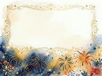 Ornate golden frame with elegant scrollwork borders featuring fireworks and stars in navy, gold, and red tones on cream background, suitable for invitations, certificates, and festive designs.