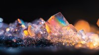 Luminous crystal formation with rainbow iridescent reflections on dark background, macro photography showing natural mineral structure in orange and blue tones.