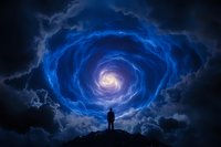 Silhouette of person standing on hill gazing at surreal spiral galaxy formation in stormy night sky with glowing blue clouds and cosmic light phenomenon.