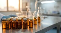 Amber glass vials arranged on laboratory bench in modern research facility for pharmaceutical development and scientific testing applications.
