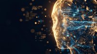Digital human head profile with glowing neural network connections and data particles representing artificial intelligence and machine learning technology.