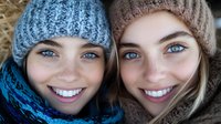 Two young Caucasian women wearing knitted winter hats and scarves, smiling warmly at camera with bright blue eyes in cozy seasonal portrait for lifestyle content.