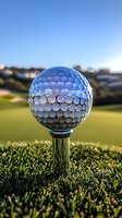 Crystal golf ball on tee reflects sky and landscape, creating prismatic patterns across dimpled surface while resting on manicured grass during golden hour.