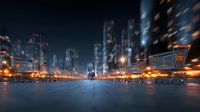 Shopping carts on empty city street at night with motion blur lights and urban buildings creating dynamic retail commerce scene.