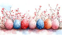 Decorated Easter eggs in pastel colors with delicate cherry blossom branches and soft watercolor effects create festive spring holiday composition.