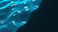 Glowing cyan digital wave with flowing particles and light effects on dark background, suitable for technology and data visualization projects.