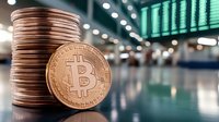 Stack of copper coins with bitcoin cryptocurrency in focus against blurred digital market display background showing financial data and trading numbers.