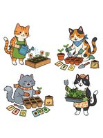 Cute cats gardening with plants, seeds, and tools in four cheerful scenes. Isolated cartoon characters on white background, ready for children's designs, stickers, and educational materials.
