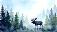 Watercolor moose silhouette standing in misty forest with evergreen trees, serene wilderness landscape painting for nature and wildlife themed designs.