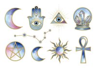 Mystical spiritual symbols including crescent moon, hamsa hand, all-seeing eye, crystal ball, pentagram, sun and ankh isolated on white background, ready for occult designs, tarot artwork and esoteric projects.