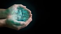 Protective hands holding glowing digital human figure with network connections representing healthcare technology, medical protection and digital wellness concept.