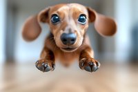 Adorable dachshund puppy with big blue eyes peering over edge, front paws visible, close-up portrait showing sweet expression and floppy ears against blurred background.