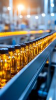 Amber glass bottles moving on industrial conveyor belt in modern pharmaceutical manufacturing facility with warm lighting and blurred factory background.
