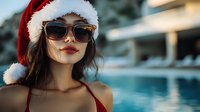 Young Asian woman in Santa hat and sunglasses with red lipstick by pool, warm evening light creates luxurious holiday atmosphere, fashion portrait in modern style.