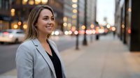 Young professional businesswoman smiling confidently on urban city street at dusk with bokeh lights background for corporate and career success concepts.