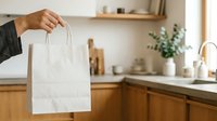 Person holding blank white paper bag in modern kitchen with wooden cabinets and countertops, suitable for packaging mockups and retail branding.