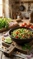 Fresh tabbouleh salad with parsley, tomatoes and chickpeas in rustic kitchen setting. Healthy Mediterranean cuisine for cooking and nutrition content.